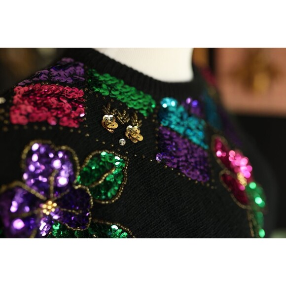 Vintage In Charge Black Floral Sequin Sweater Lambswool Angora Medium 80s - Picture 10 of 11